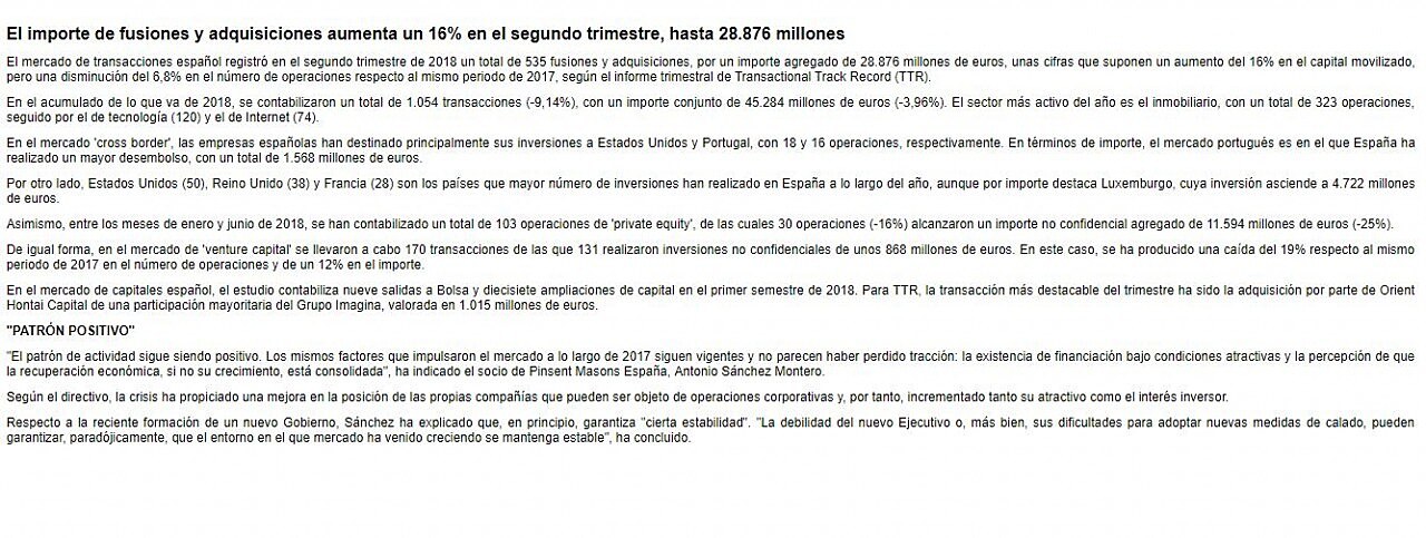 El importe de fusiones y adquisiciones aumenta un 16% en el segundo trimestre, hasta 28.876 millones